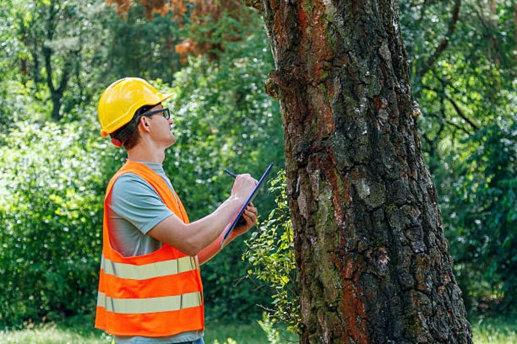 Tree service professional inspecting storm-damaged tree and assessing safety risks in Bay Village, OH