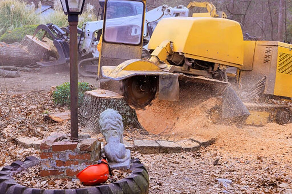 Stump grinding machine removing a large tree stump and wood debris in a residential yard in Bay Village, OH