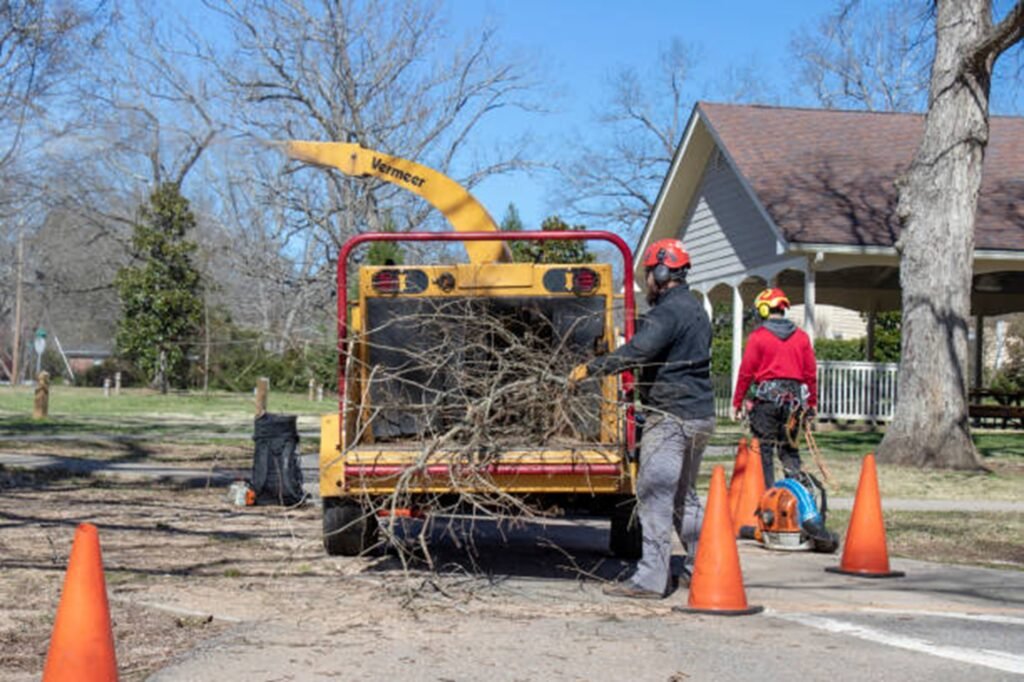 Tree service team loading branches into the wood chipper during a cleanup job in Bay Village, OH